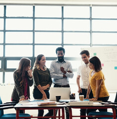 Aufkleber - Creative agency, meeting and teamwork in office for planning, brainstorming and communication together. Business people, discussion and collaboration in workplace for company project and diversity