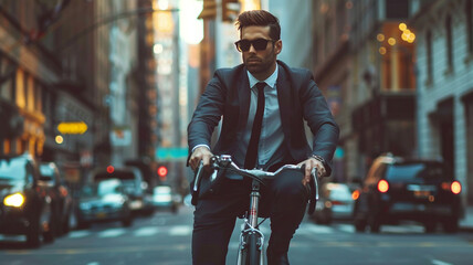 Wall Mural - young man riding a bicycle on a road in a city