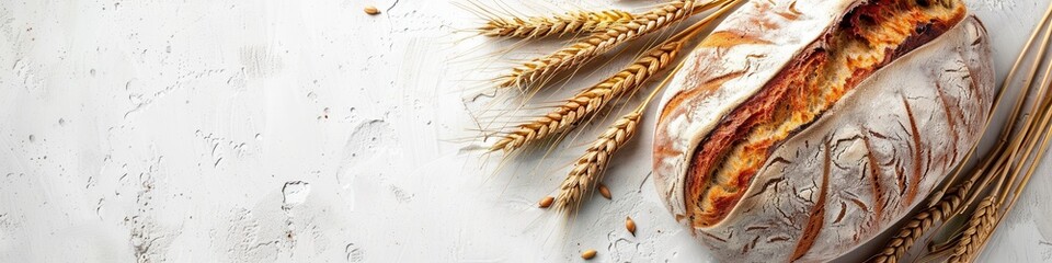 Aufkleber - A freshly baked loaf of wheat bread with a golden crust rests on a white surface, accompanied by sprigs of wheat.