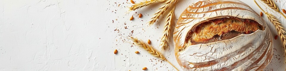 Poster - A freshly baked bread loaf, made with wheat flour, sits on a white background, surrounded by golden wheat stalks.