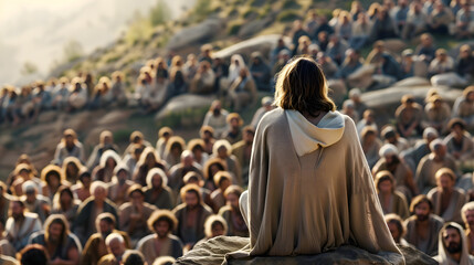 Poster - Jesus sat on a rock preaching to a large crowd on the mountain. The crowd looked at Jesus' face and listened intently to His teachings. From the back view of Jesus