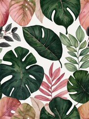 Wall Mural - Hand-drawn botanical background, green and pink leaf line art watercolor, warm tone design