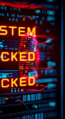 Poster - cybersecurity breach alert: system hacked warning on server data panel with glowing vulnerable code 