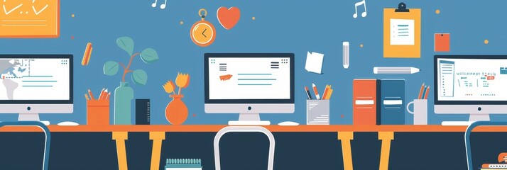 Poster - A bright and inviting office workspace with three computers, a desk, chairs, and colorful decor. The image symbolizes productivity, creativity, collaboration, and a modern work environment.