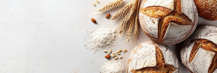 Aufkleber - A banner featuring freshly baked loaves of wheat bread on a white background, accompanied by wheat stalks, flour, and almonds.