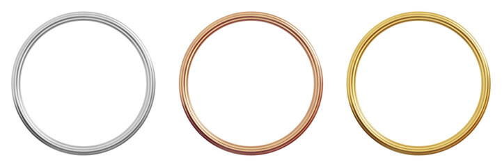 3d circle frames silver, bronze and gold color. Stock vector illustration on isolated background.