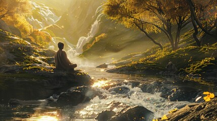 Poster - A man sits in meditation on a rock overlooking a flowing stream and waterfall. Golden sunlight shines on the water and surrounding forest.