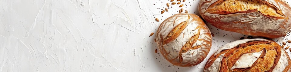 Aufkleber - Three freshly baked wheat bread loaves on a white background, with scattered seeds.