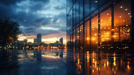 Poster - Rainy Cityscape with a View of a Modern Building at Sunset - 3D Illustration