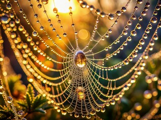 Intricate spider web glistens with dew-kissed water droplets, refracting morning light into tiny prisms, showcasing nature's delicate beauty and intricate architecture in stunning macro detail.