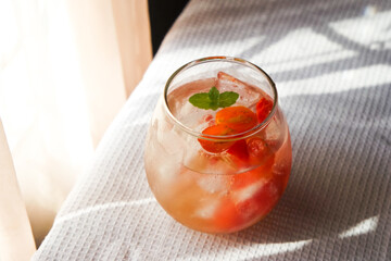 Tomato ade is a common drink in cafe consist of tomato with soda and garnished with mint.