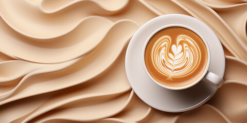 Wall Mural - Cup of coffee with latte art on cream textured light background, top view, copy space	