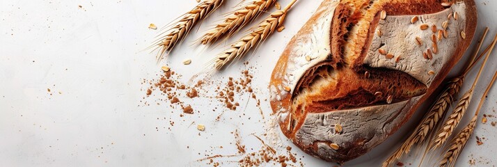 Poster - A freshly baked wheat bread loaf with a crusty exterior and soft interior, with wheat ears scattered around it, on a white background.