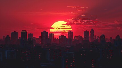 Sticker - Cityscape Illustration with Sunset and Red Sky