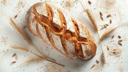 Aufkleber - A freshly baked wheat bread loaf sits on a white background, surrounded by wheat flour and sprigs of wheat.