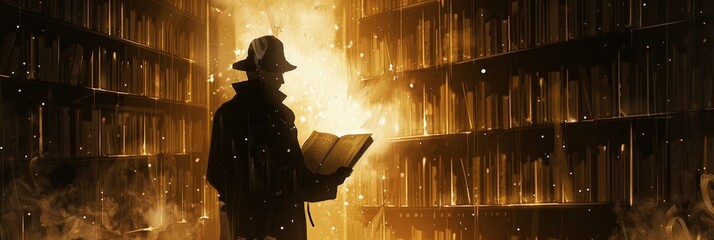 Poster - A lone figure in a hat stands in a library, holding an open book, surrounded by rows of dusty books, symbolizing knowledge, wisdom, research, exploration, and the pursuit of information.