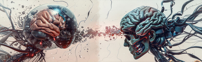 Poster - A surreal depiction of the human brain encased in a glass sphere, facing off against an artificial intelligence brain, suggesting a conflict between organic and synthetic intelligence.