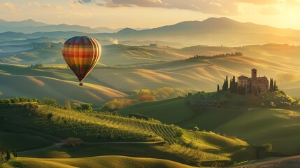 Wall Mural - A hot air balloon flies over a beautiful Tuscan landscape with rolling hills, vineyards, and a stone building.