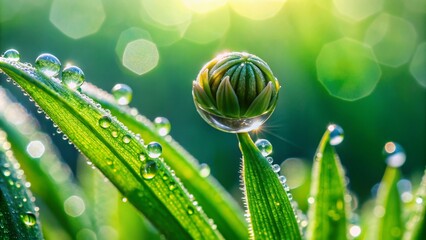 Wall Mural - Fresh tiny green grass plant bud with delicate water droplets clinging to its leaves, showcasing intricate details and natural beauty in a macro closeup shot.