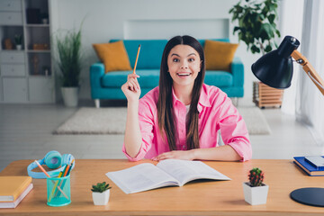 Canvas Print - Photo of excited cheerful lady wear pink shirt smiling writing copybook indoors room home house