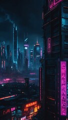 Wall Mural - HD background of cyberpunk cityscape with neon lights, futuristic skyline, high contrast