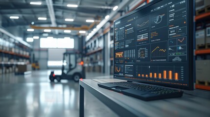 Poster - Logistics Software Displayed in Modern Warehouse. Close-up of a computer monitor showing logistics software data in a modern warehouse setting with shelves and a forklift in the background.