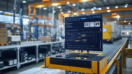 Poster - Warehouse Conveyor System with Data Display. Warehouse conveyor system with a computer monitor displaying operational data, emphasizing efficiency and automation in logistics.