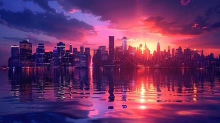 Poster - City Skyline at Sunset with Water Reflection Illustration