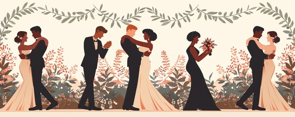 Multicultural couples dancing at a wedding, unity, love across cultures