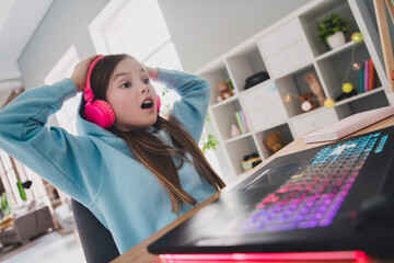 Wall Mural - Photo of impressed lovely nice girl little user gamer watching online video computer game indoors house