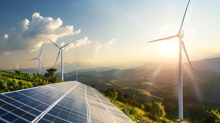 A scenic view of solar panels and wind turbines under a bright sky, showcasing renewable energy in a natural landscape.