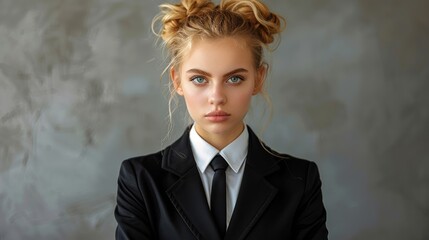 A young woman with blonde hair styled in two buns, wearing a formal black suit and tie, confidently poses for a portrait against a neutral grey background