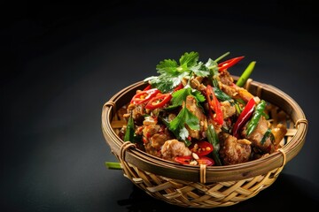 Wall Mural - Spicy Stir-Fried Meat with Chili Peppers and Cilantro in a Wicker Basket