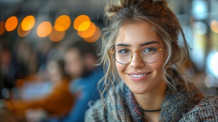 Wall Mural - Young Woman With Blonde Hair Wearing Glasses Smiles In Coffee Shop