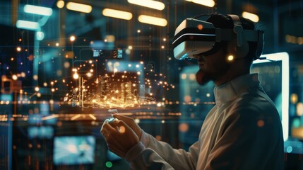 Poster - Engineer using VR headset in high-tech office to visualize urban development project. Virtual reality and advanced technology in modern urban planning.