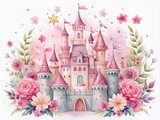 Whimsical pink fairy tale watercolor illustration of a majestic princess castle with towers, flowers, and sparkles, perfect for baby shower invitations, kids' cards, and nursery decor.