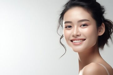 Wall Mural - Asian woman touching healthy skin, skincare concept with copy space for cosmetics advertising