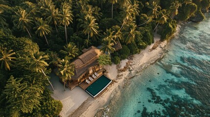 Poster - A secluded tropical house with a private pool sits on a white sand beach surrounded by palm trees and turquoise water.