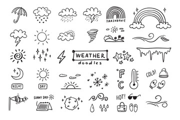 Wall Mural - Weather Doodle sketch icons cartoon line hand drawn illustration for concept design. Kids cute style