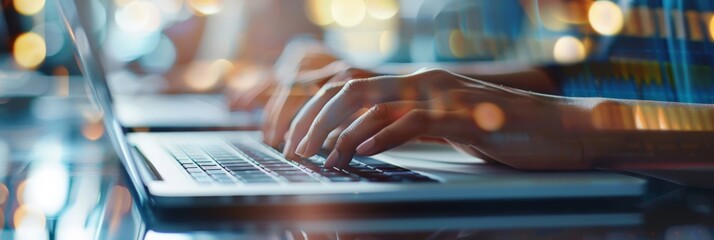Aufkleber - Person typing on a laptop with colorful bokeh lights in the background. Represents remote work and the modern digital workspace.