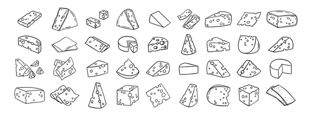 Cheese Doodle hand drawn line icon set. Different piece slice cheese for menu, design restaurant, cafe