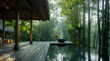 Aufkleber - A wooden deck overlooking a lush, green jungle with a small pool and a bamboo hut in the foreground.
