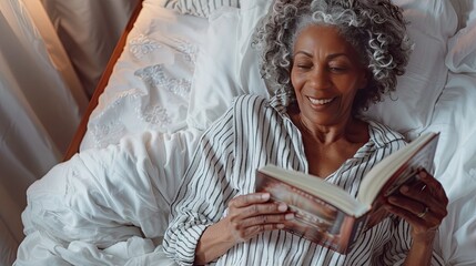 Poster - Senior black woman reading and laying in her bed, happy bold and bright expression, positive emotions, elevated morning routine, soft warm photo 90s style, AI generated image