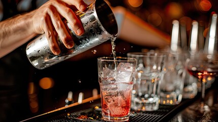 Poster - A bartender pouring a drink from a shaker into a chilled glass. 