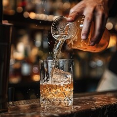 Poster - A bartender pouring a perfectly mixed cocktail into a glass with precision. 
