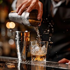 Poster - A bartender pouring a shot of liquor into a cocktail shaker for mixing. 