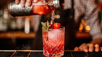 Poster - A bartender pouring a perfectly mixed cocktail into a glass with precision. 