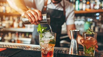 Poster - A bartender using a jigger to measure ingredients while mixing a drink. 