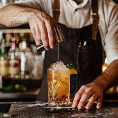 Poster - A bartender using a jigger to measure ingredients while mixing a drink. 