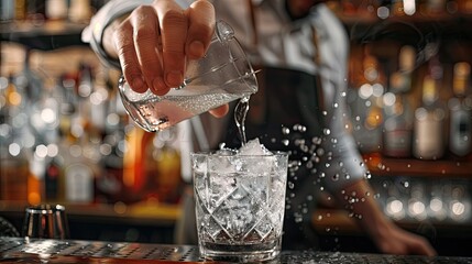 Poster - A bartender using a jigger to measure ingredients while mixing a drink. 